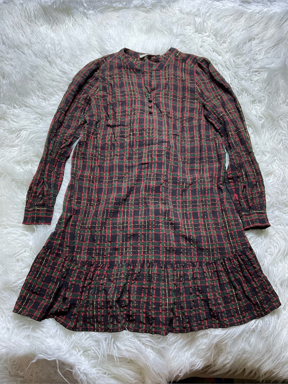 LOFT red and black plaid tiered peasant shift dress